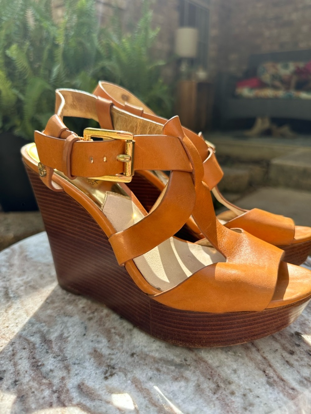 Michael Kors Cognac Leather Wedge Sandals with Gold Buckle